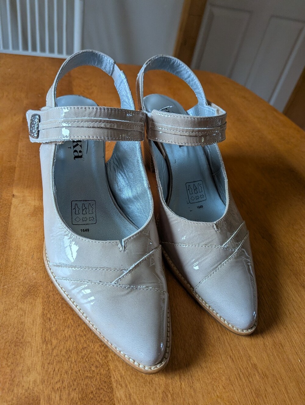 Artika Patent Leather Pointed-Toe Mary Jane Slingback in Beige